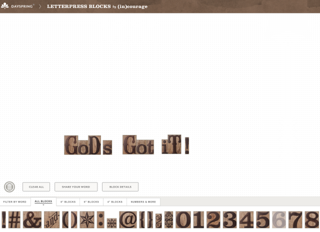 Letterpress blocks, dayspring, interface