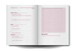 Interior image of the Every Morning Journal, showing prompts on two pages